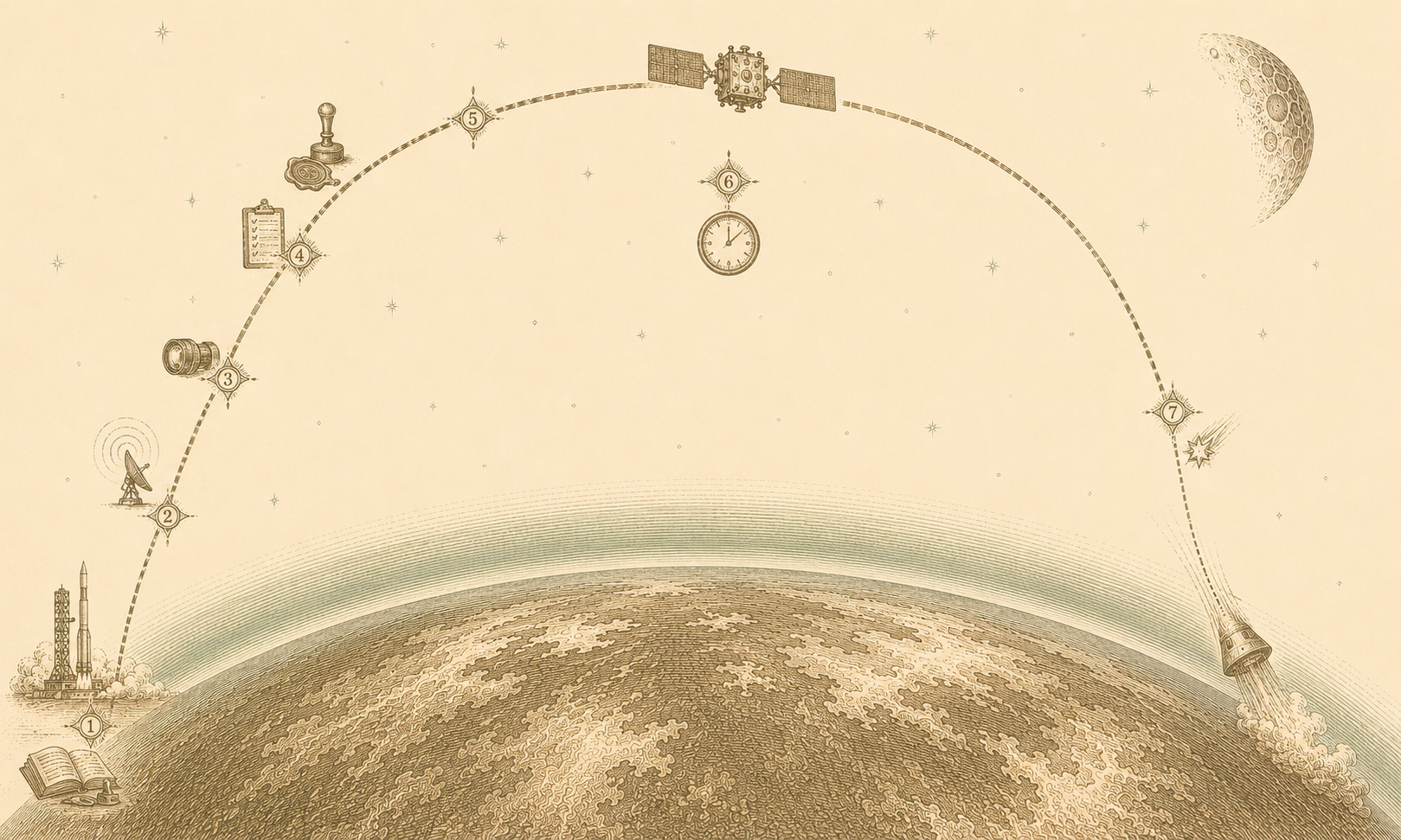 Bronze-etched scientific illustration of a single satellite lifecycle. A dashed trajectory arcs from a launch site on the lower left, climbs through the atmosphere, levels into low Earth orbit across the upper canvas, then descends in re-entry on the right. Seven numbered waypoints along the arc mark the lifecycle phases: capital formation, spectrum coordination, imagery and export controls, pre-launch, treaty obligations, continuous operational, and end-of-life. Earth's curve dominates the lower third with sage-green atmospheric haze; stars and a faint Moon in the upper sky.