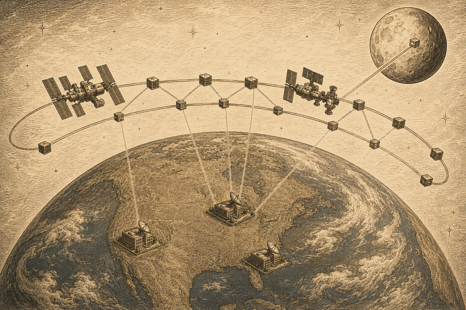 Editorial illustration of Earth surrounded by a ring of small data center satellites in low Earth orbit, with the Moon at upper right showing a server-cube on its surface, and inter-satellite laser links between satellites.